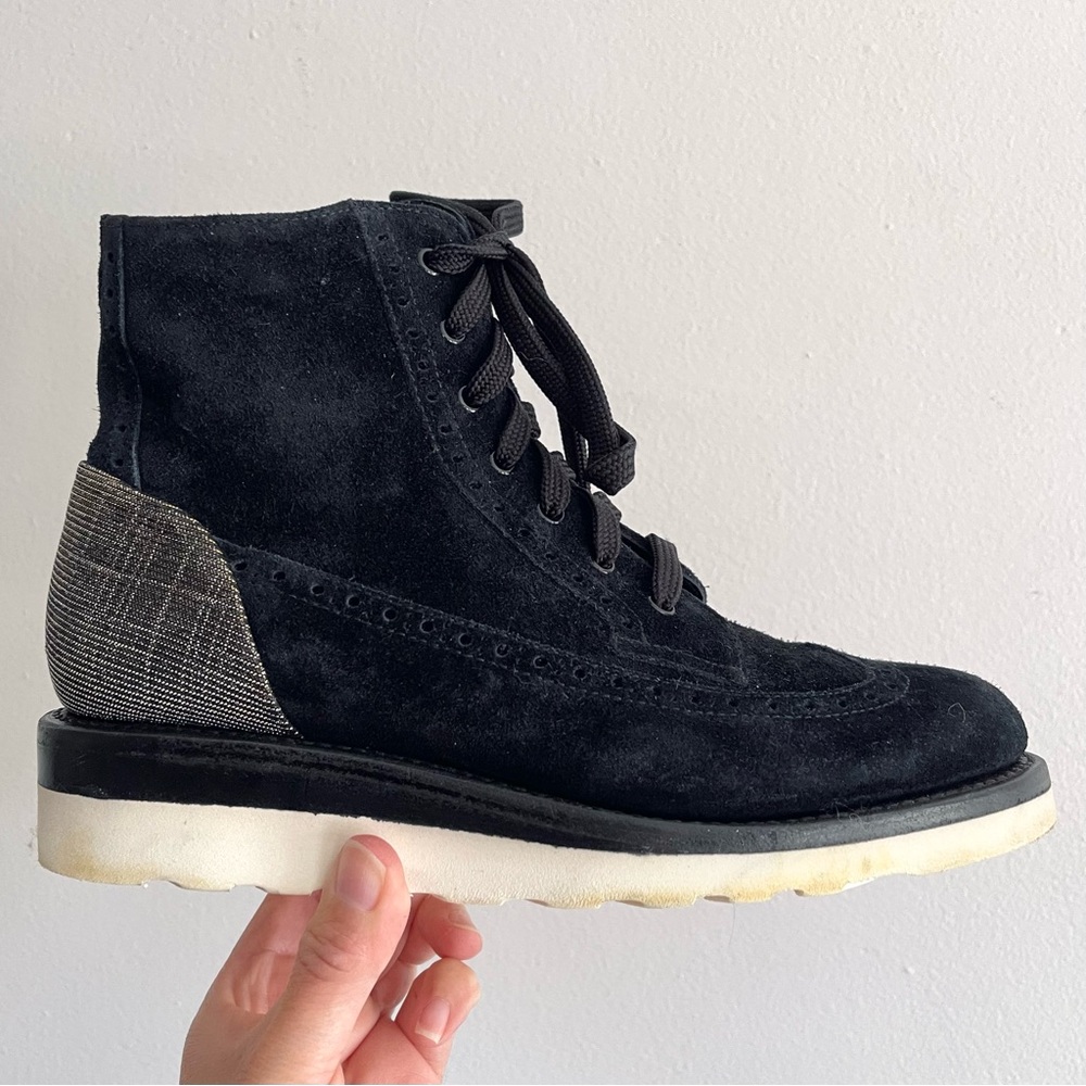 The Office Of Angela Scott Mr. Harrison Suede Boot Black Metallic Heel Size 37.5